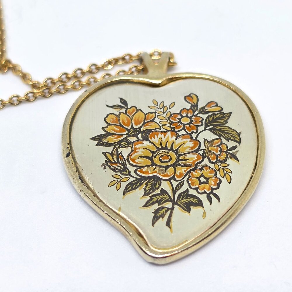 Vintage Reed & Barton Damascene Floral Heart Pendant with Amway GF 16' Chain